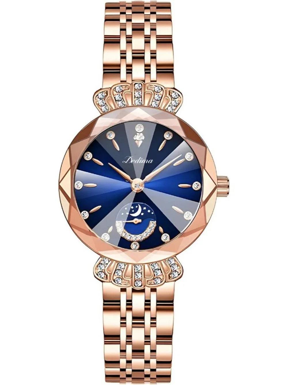 Women's Blue Steel Luxury Diamond Dial Stainless Steel Bracelet Wrist Watch
